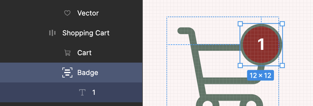 Screenshot showing the absolute position function to manually align a badge to the corner of a shopping cart icon.